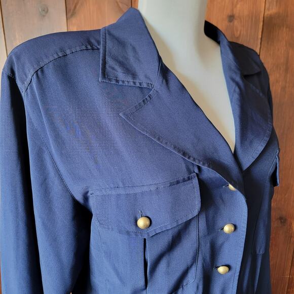 Vintage Liz Claiborne Blue Midi Dress Women 12 80s Power Style Shoulder Pads 90s - Picture 4 of 14